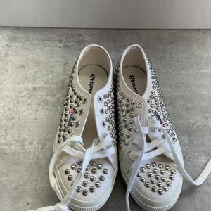 Superga Studded White Canvas Lace-Up Casual Sneaker Shoes Womens Size 7.5